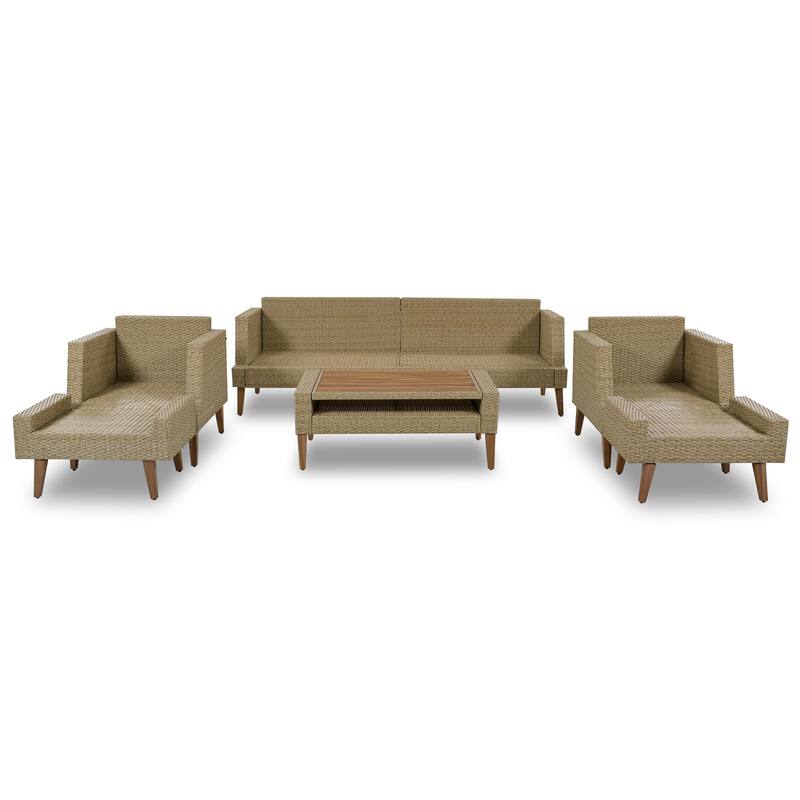 All Weather PE Wicker Outdoor Sectional Sofa with Rectangle Coffee Table, Outdoor Sofa Set with Cushions and 4 Pillows
