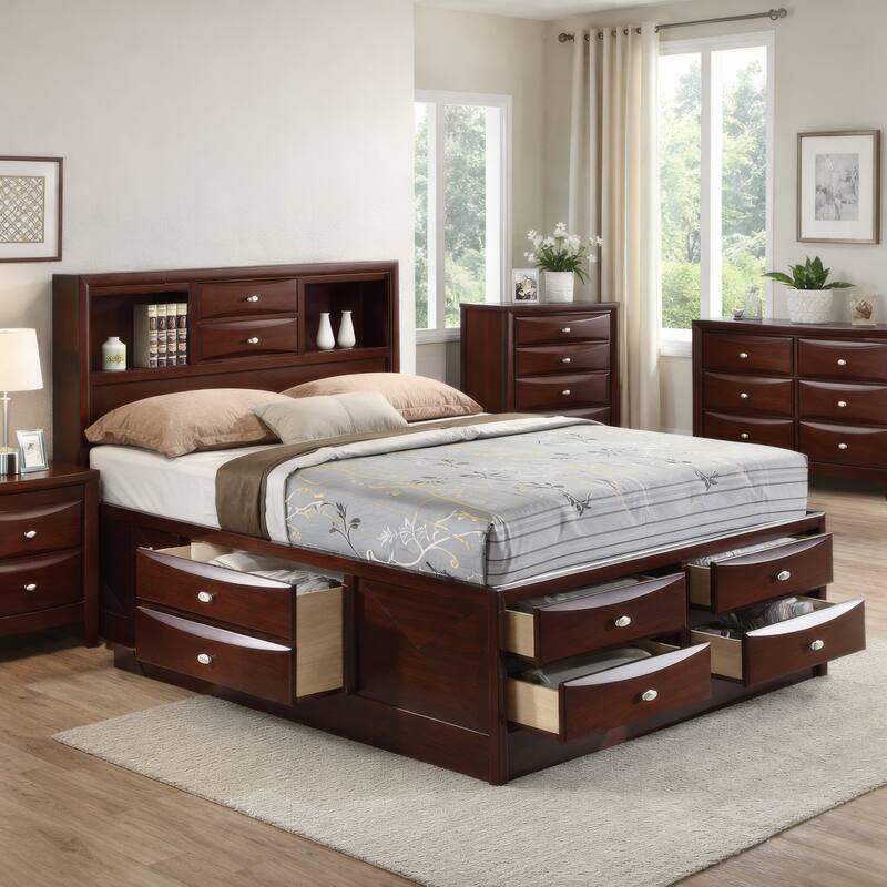 Panel Design Eastern King Size Bed with Bookcase and Drawers, Brown