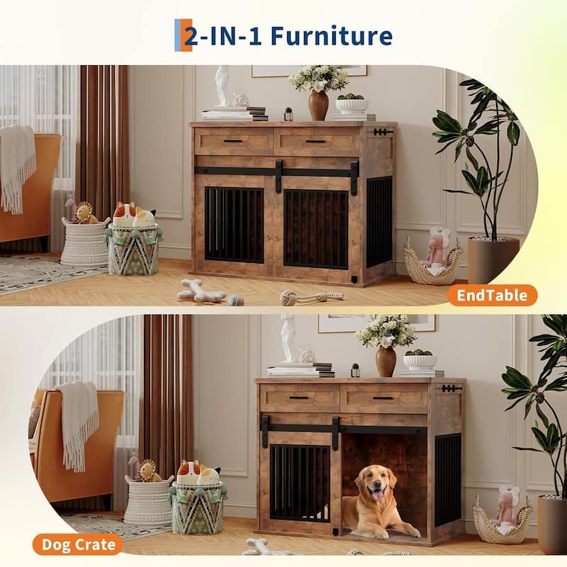 Dog Crate Furniture with Barn Door, Indoor Kennel Table with Storage - N/A