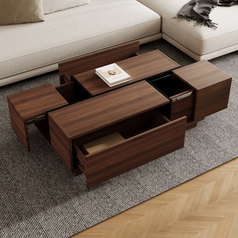 Rectangular Sliding Top Coffee Table with 2 Drawers and 2 Hidden Storage for Living Room 47.2" - Walnut