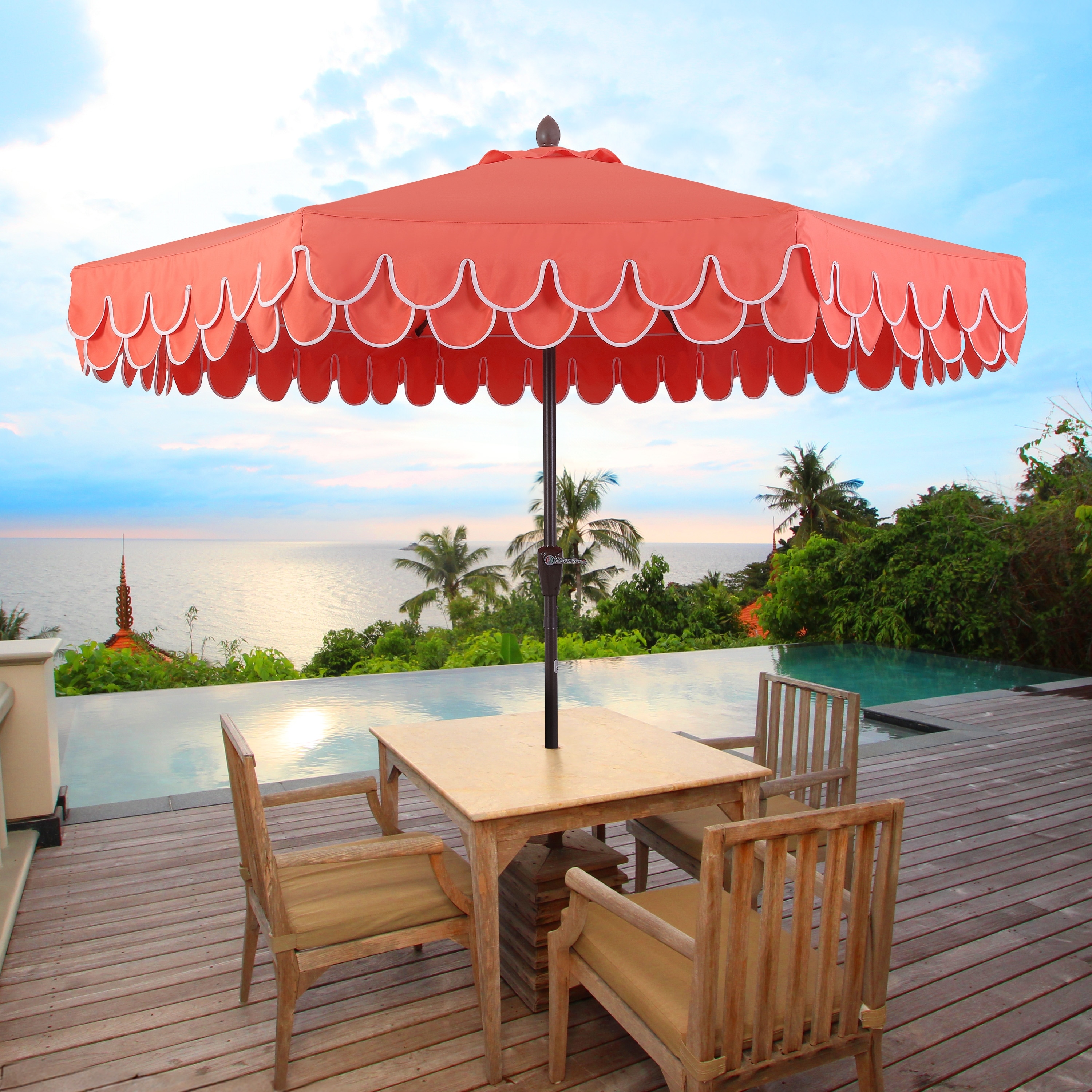linen triple vent market patio umbrella with base ABCCANOPY 9FT 3 Tiers 8 Ribs OLEFIN 5-Year No Fading Red & Orange Stripe lasting stability PHI VILLA 13ft Large Patio