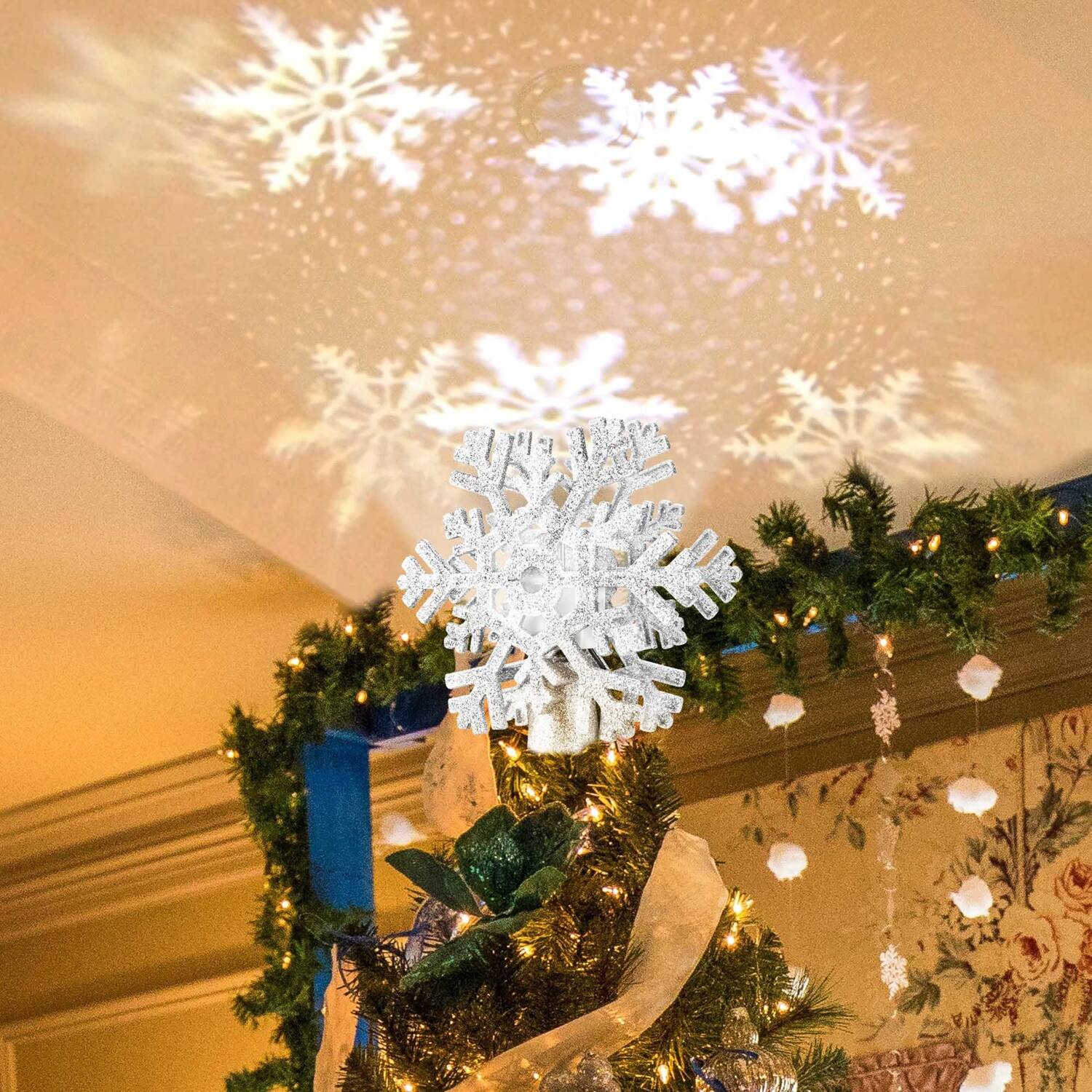 Hollow Snowflake Patterned LED Lighted Christmas Tree Topper Bed Bath