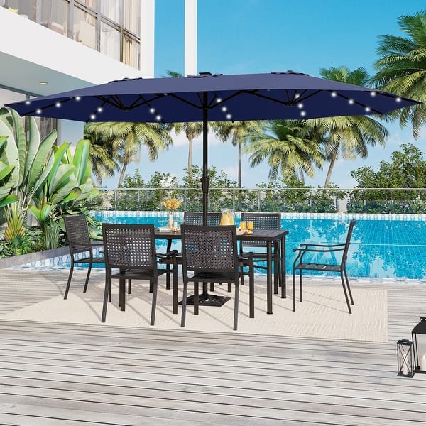 15-foot Rectangular Crank Double-sided Outdoor Market Umbrella Solar LED Lighted Patio Umbrella with Base Included - Burgundy Red-With Lights