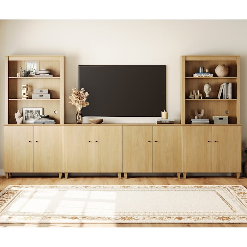 WAMPAT Entertainment Center with Bookshelves and Cabinets for 75" TVs - Oak