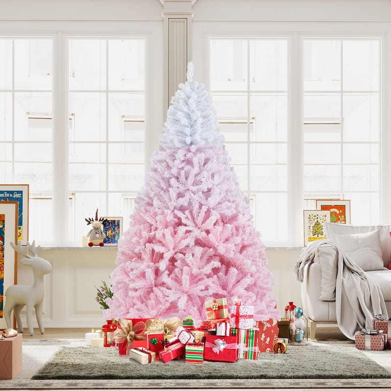 Gymax Artificial Christmas Tree Hinged Snow Flocked Xmas Tree w/ Lush - Pink, White