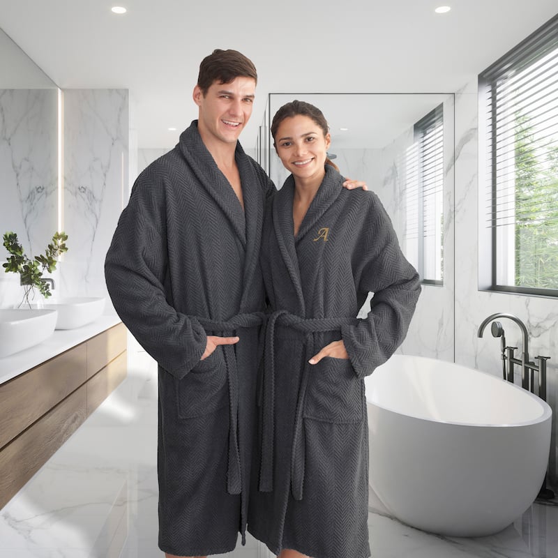 Authentic Hotel and Spa Charcoal Grey with Gold Monogrammed Herringbone Weave Turkish Cotton Unisex Bath Robe
