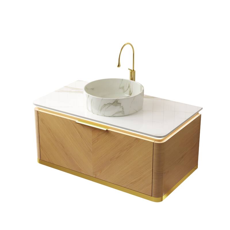 GDFStudio - Dipa Modern 36" Floating Bathroom Vanity with Drawer, Sensor Light & Marble Pattern Ceramic Basin, WITHOUT Faucet