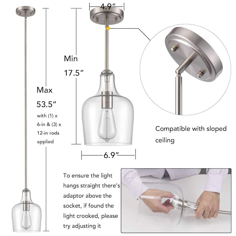 Rieti Modern Rod-Hung Pendant Light w/ Clear Glass Shade, 1-Light