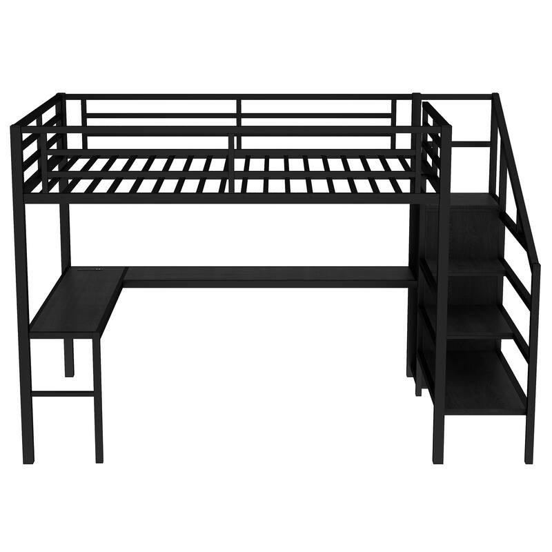 Roomfitters Queen Loft Bed with L-Shaped Desk and Wardrobe, Metal High Sleeper with LED and USB Ports, Black