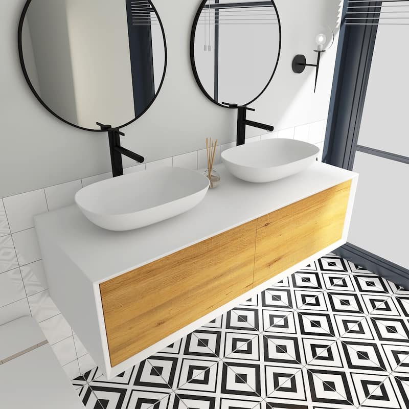 Wall Mounted Bathroom Vanity Set with White Solid Surface Top and Vessel Sink