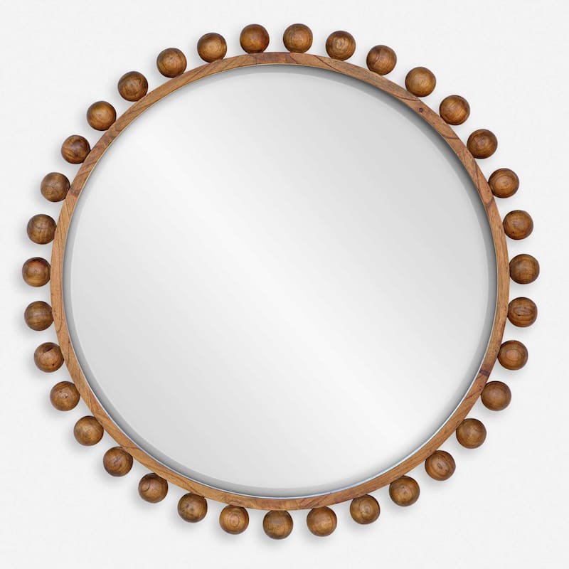 Wooden Beaded Framed Round Wall Mirror - 44" - Brown
