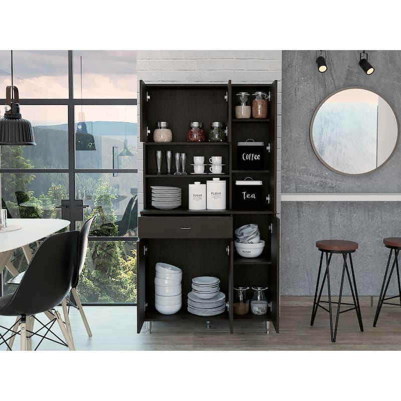 Kitchen Pantry Cabinet, Two Open Shelves, One Drawer, Multiple Cabinets - Black