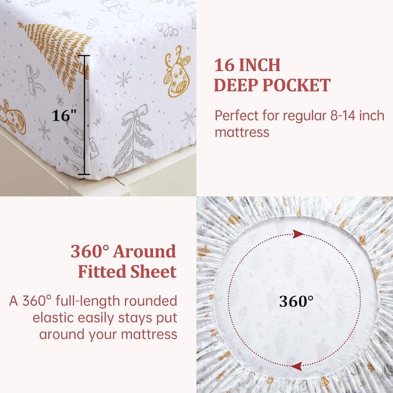 Christmas Soft Brushed Microfiber Holiday Bed Sheets Set with 16 Inches Deep Pocket