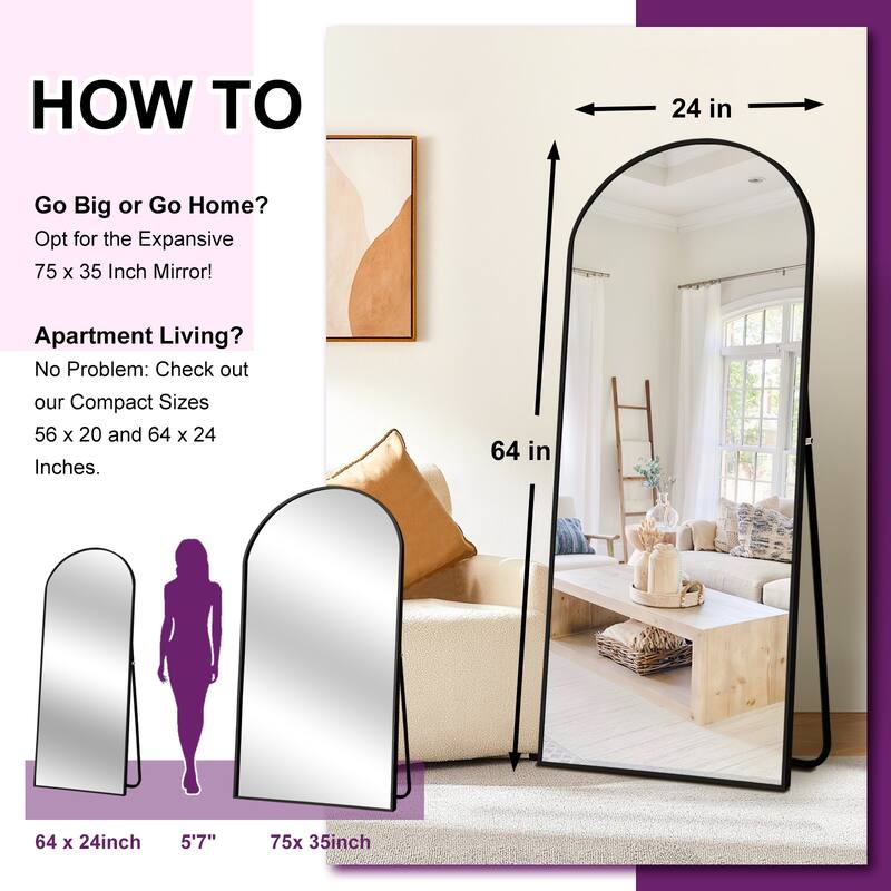 Full Length Mirror with Stand Arched Full Body Mirror Aluminum Frame Floor Freestanding Hanging Leaning Mounted
