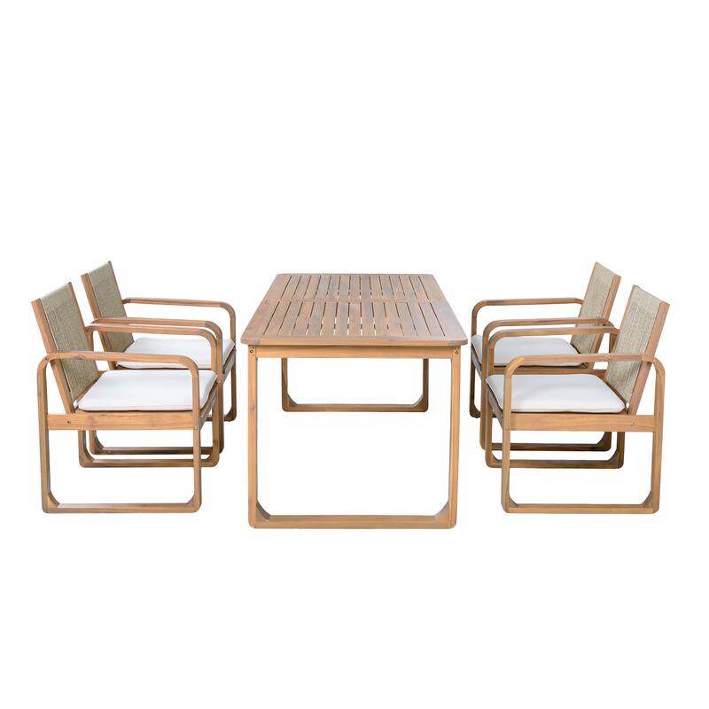Christopher Knight Home - Ronan Outdoor Acacia Wood Dining Set with Rope Back Chairs & Curved Leg Dining Table, Teak Finish