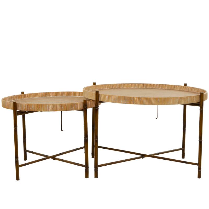 Rattan Nesting Accent Table with Metal Bamboo Inspired Legs - Set of 2 Brown - Roche River Decor - 32"W x 32"L x 20"H