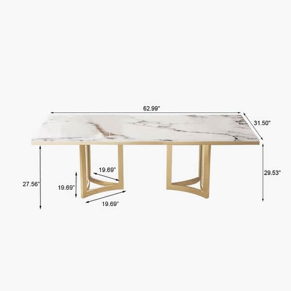 dimension image slide 0 of 11, Modern Marble Dining Table with White Rectangular Tabletop Gold Stainless Legs, Dining Room Table