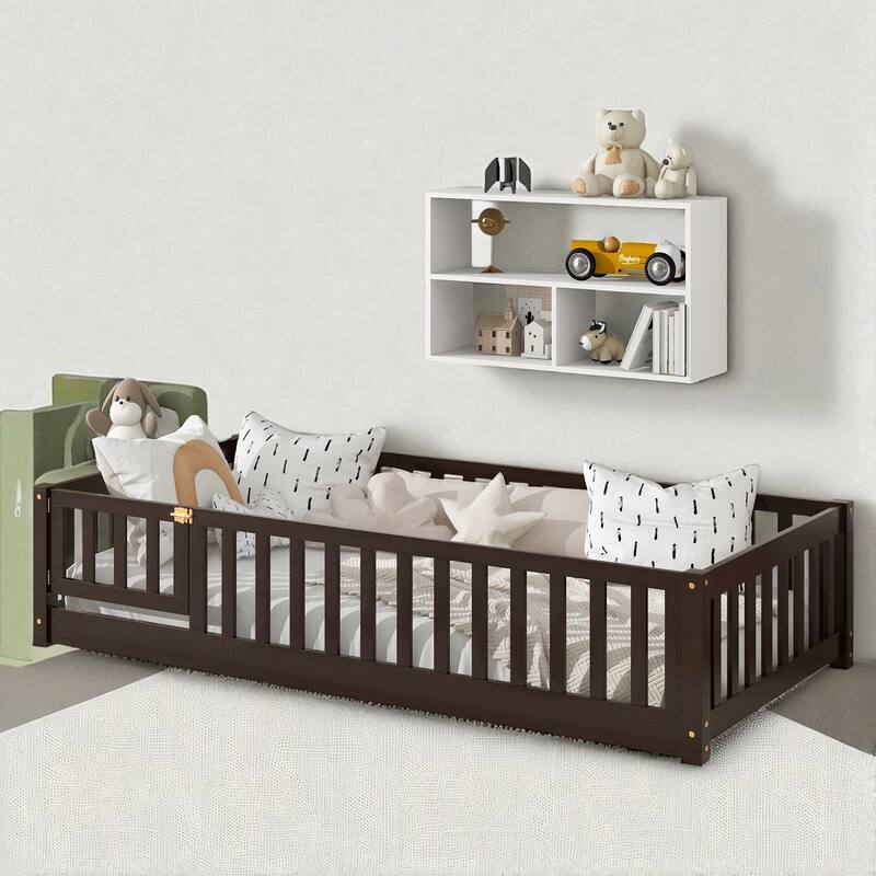 Twin Size Floor Bed with Fence and Door, Rubber Wood Frame with Safety Guardrails - Espresso - Twin