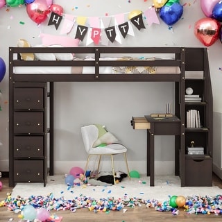 Twin size Loft Bed with Storage Drawers, Shelves, Desk and Stairs, Black