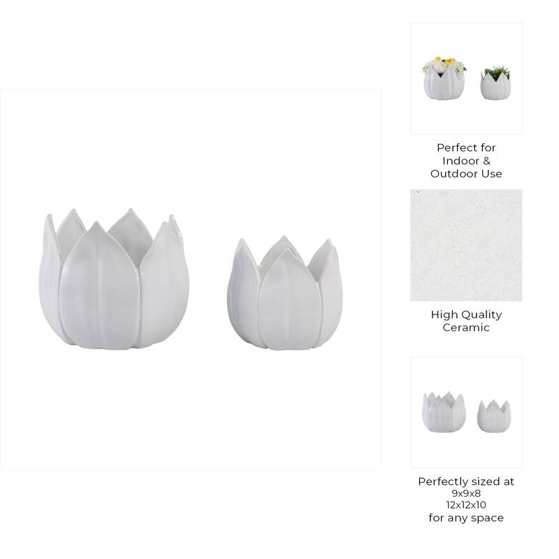 Stoneware Ceramic Planters Petal Design and Drainage Hole (Set of 2)