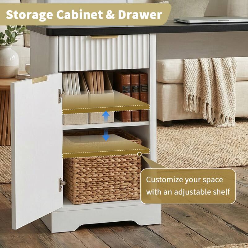 Roomfitters 59" Modern Fluted L-Shaped Desk with Charging Station, Monitor Stand & File Drawer