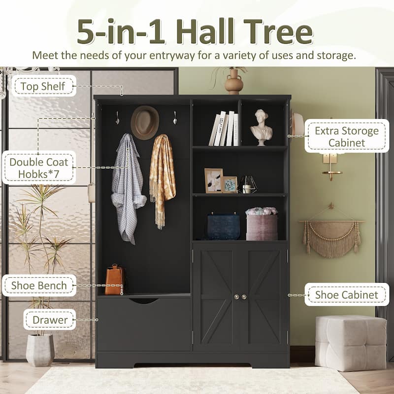 Multi-functional Hall Tree with Storage Shelves Drawers and Cabinet, Elegant Hallway Shoe Cabinet with Bench, Modern Coat Rack