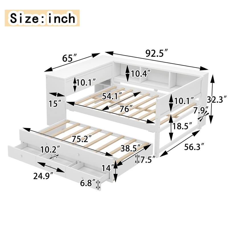 Wooden Daybed Frame with Pull Out Trundle and 3 Drawers, Platform Sofa Bed with Built In Desk and Shelves, No Box Spring Needed