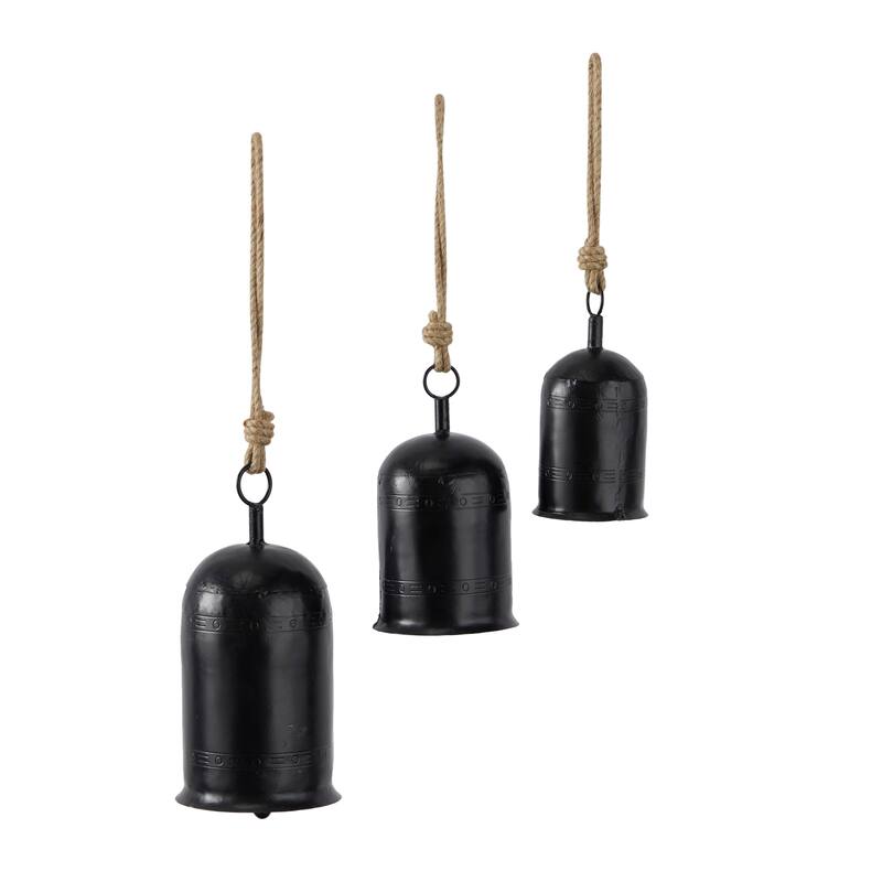 Gold, Gray, Bronze, Black or Red Metal Tibetan Inspired Decorative Cow Bells with Jute Hanging Rope (Set of 3)