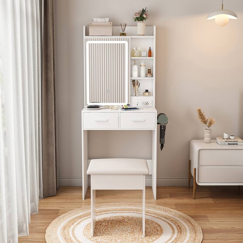 Small Vanity Desk with Mirror and Lights, Makeup Vanity Table with Power Outlet & 2 Drawers & 6 Shelves & Stool - white