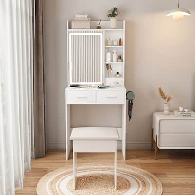 Small Vanity Desk with Mirror and Lights, Makeup Vanity Table with Power Outlet & 2 Drawers & 6 Shelves & Stool
