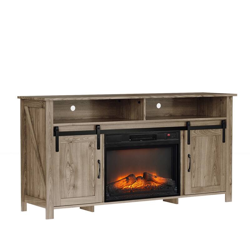 Farmhouse 59.5'' TV Stand For Tvs Up To 70'' With Electric Fireplace and Adjustable Shelves