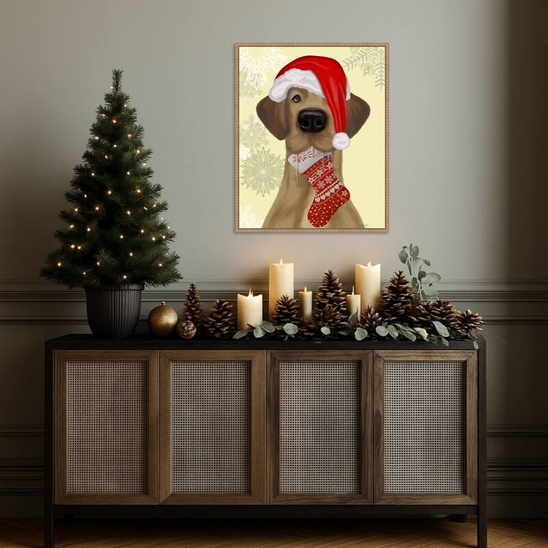 Christmas Drooly Christmas Dane by Fab Funky (23 x 28 in.), Framed Canvas Wall Art Print - Sylvie Beaded Rustic Natural