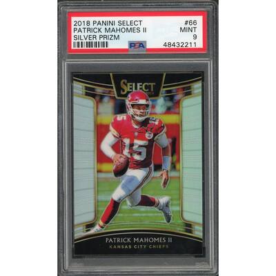 Patrick Mahomes 2018 Panini Select Silver Prizm Football Card #66 Graded PSA 9 MINT - 8'6" x 11'6"