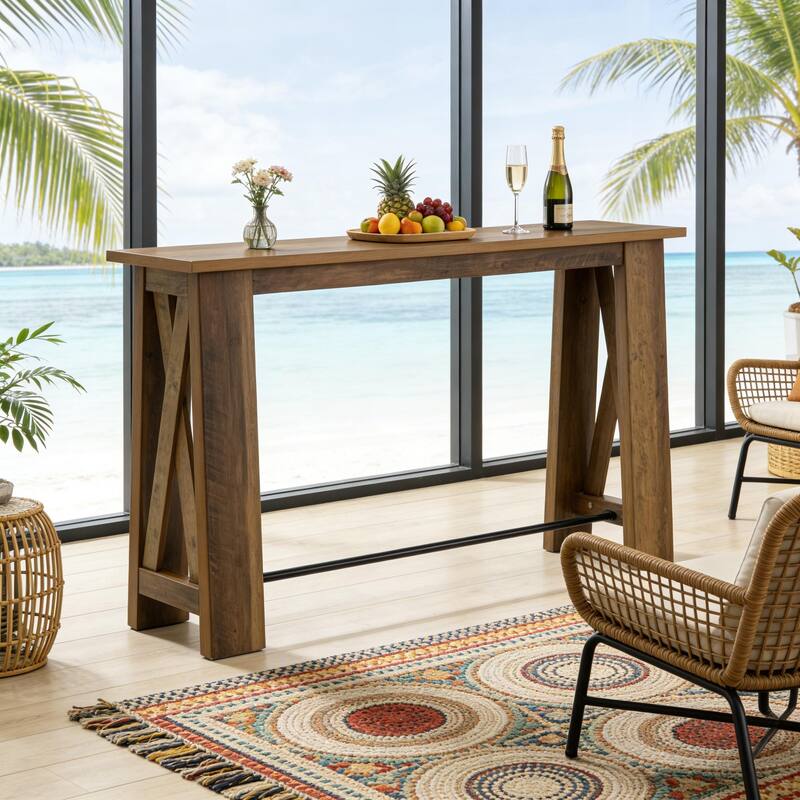Console Table with Metal Footrest, 63" Counter Height Entryway Table, Narrow Kitchen Dining Table - RusticBrown