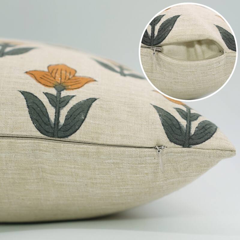 Fabdivine Hand Block Print Floral Pillow Cover Linen Cushion Case for Sofa Guest Room Fall Home Accent Gift, Shehjan