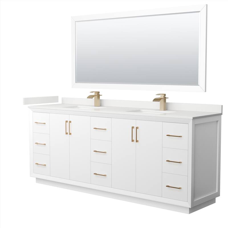 Strada 84-inch Double Vanity, Quartz Top, 70-inch Mirror - White, Bronze Trim, White Quartz Top