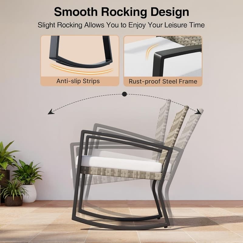 3 Pieces Wicker Patio Set with Cushion Outdoor Chair Set with Glass Table Rattan Chair Modern Bistro Set