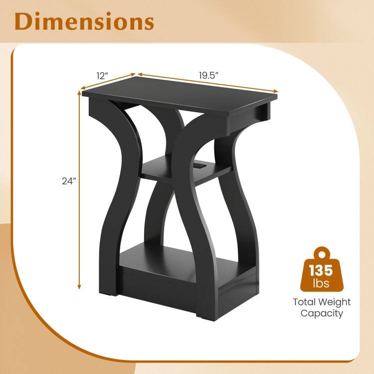 Set of 2 Engineered Wood 3-Tier Side Table with USB and Outlets - 19.5" x 12" x 24"