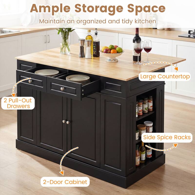 Gymax Large Kitchen Island Drop Leaf Breakfast Bar w/ Wood Top Shelves