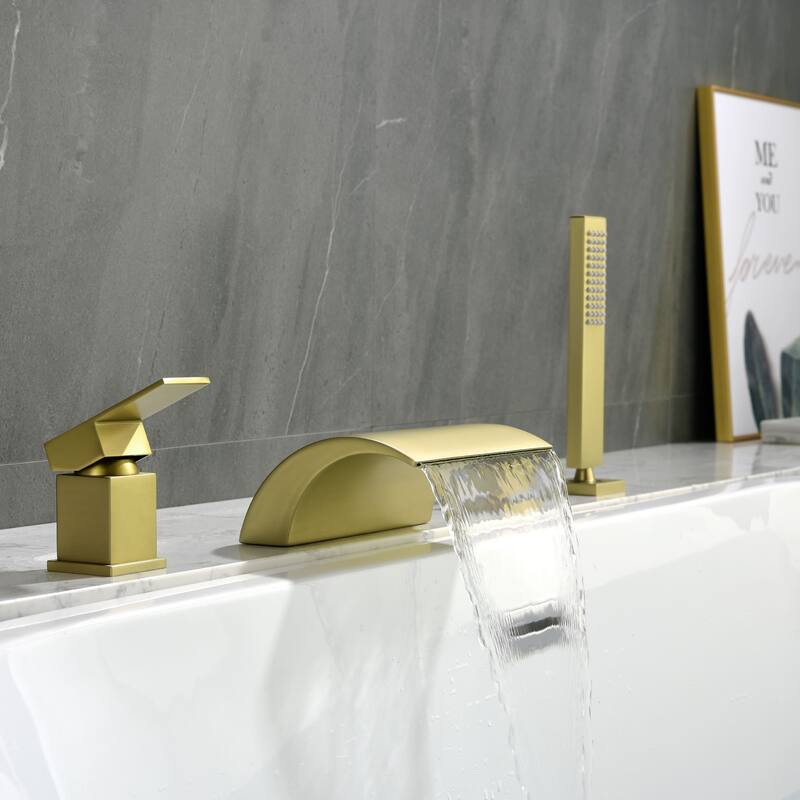 Deck Mounted Four Holes Tub Faucet Waterfall Modern Bath Tub Faucet with Handheld Shower Tub Fillers with Pressure Balance Valve