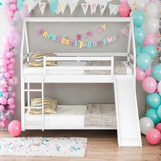 Modern Twin Size Bunk House-Shaped Bed With Slide And Ladder For Kids