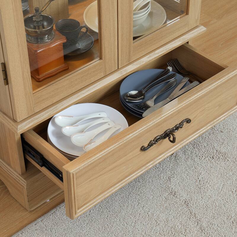 GDFStudio - Traditional Storage Lighted Curio Display Cabinet with Glass Doors and Drawer