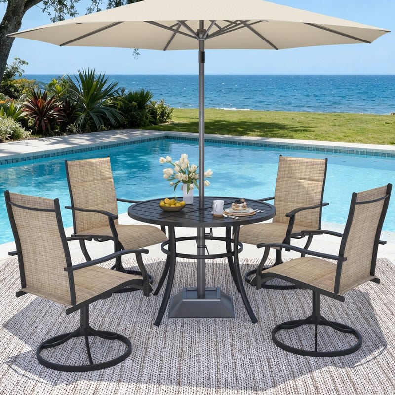 Patio Dining Set, Outdoor Dining Table and Chairs Set with Textilene Chairs, Adjustable Umbrella Hole for Garden, Backyard