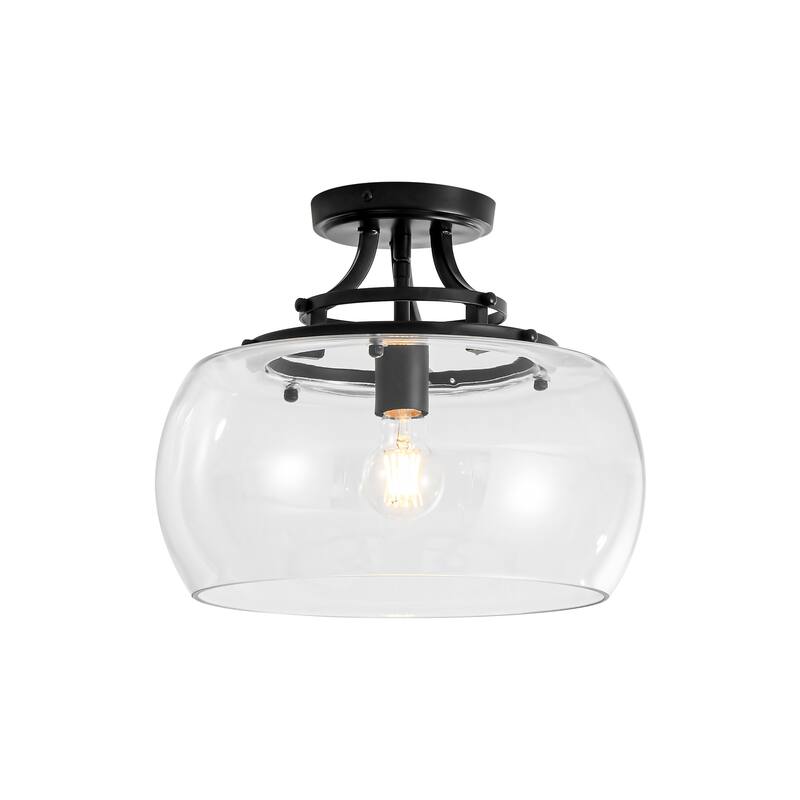 1-Light 13.8" W Modern Schoolhouse Matte Black Semi-Flush Mount Ceiling Light with Clear Dome Glass Shade for Bedroom