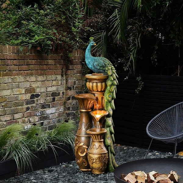 Peacock and Urns Resin Outdoor Fountain with LED Lights