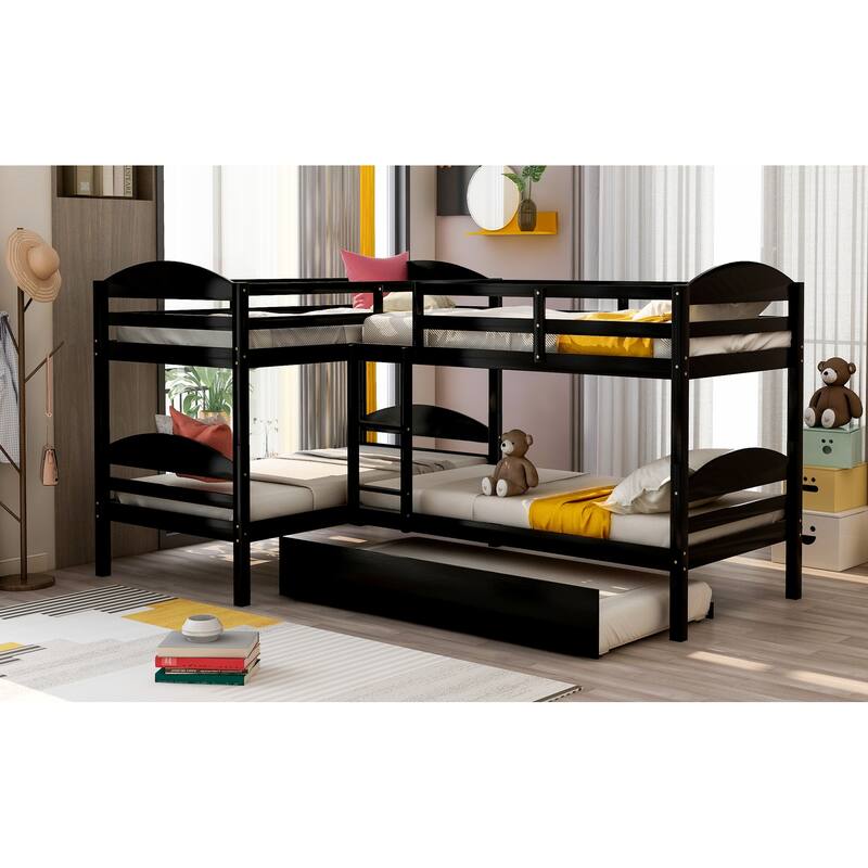 Twin L-Shaped Bunk Bed with Trundle Solid Pine Wood Convertible Beds