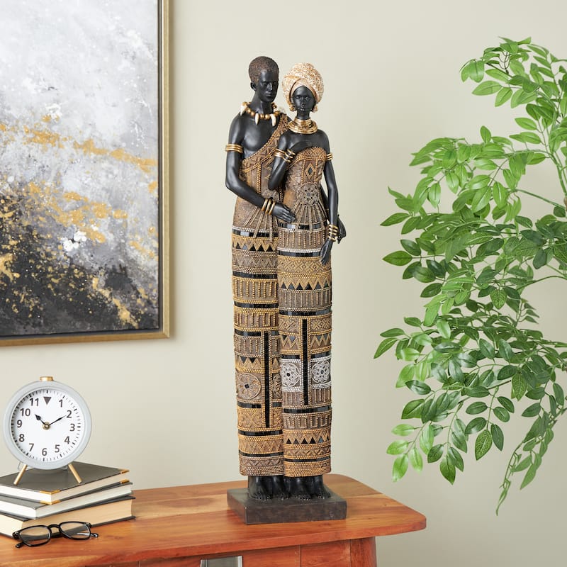 Black Resin Tall Family Decorative Sculpture with Gold Jewels