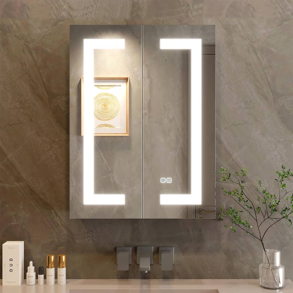 LED Bathroom Wall Medicine Cabinet Mirror 32"×24" Lighted Mirror Anti-Fog Adjustable Shelf 2 Sockets 2 USB Interfaces