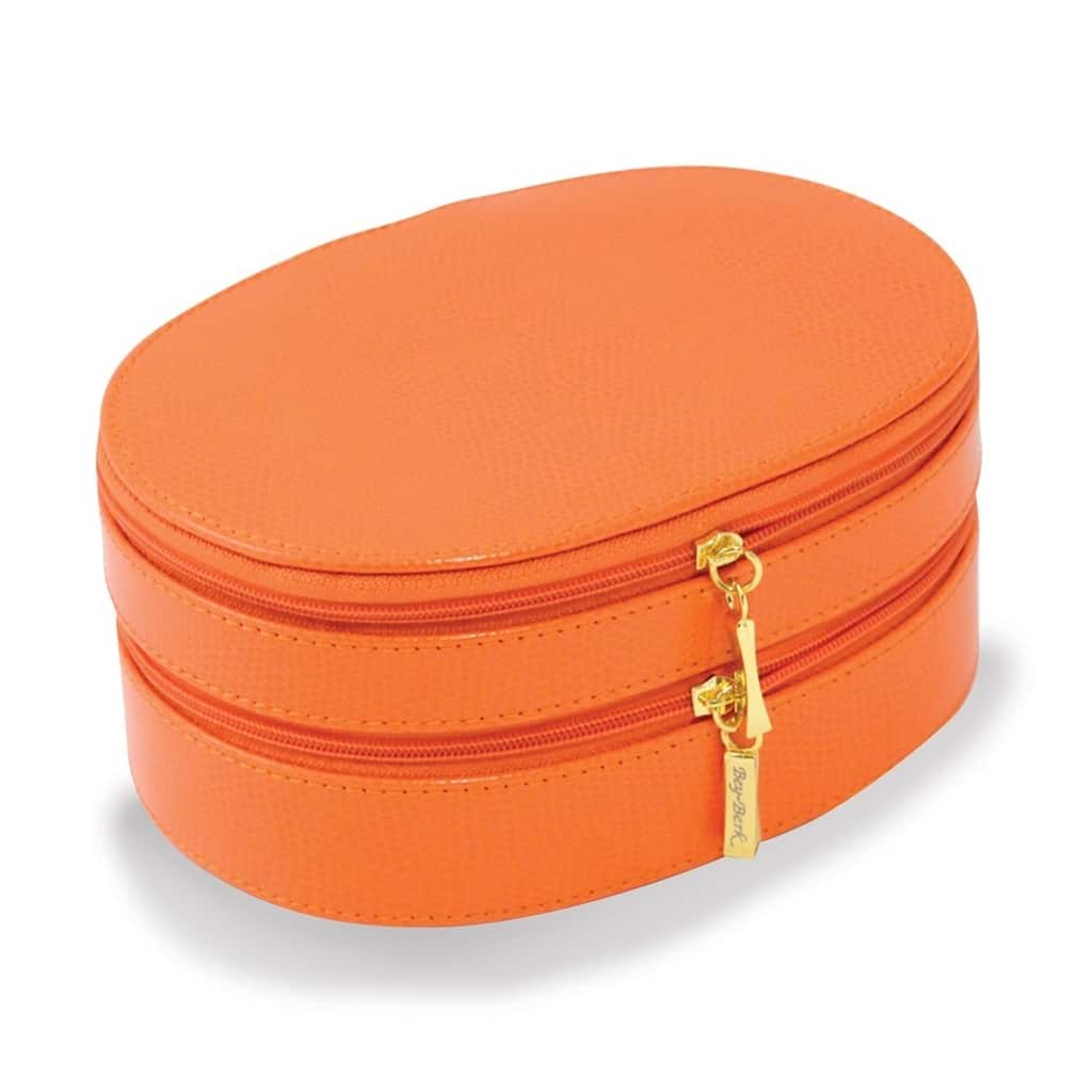 Curata Orange Leather with Mirror Velour Lined Zippered Two Level Jewelry Case
