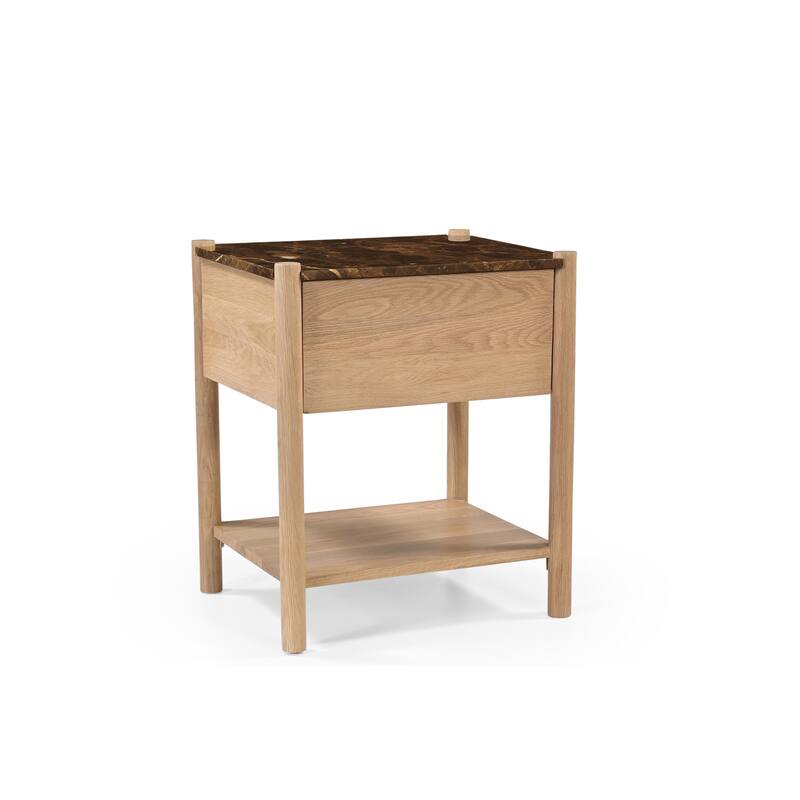 NADAAL STUDIOS Rivenor Nightstand, 1-Drawer, Dark Emperador Marble Top with Oak Body, Brown